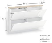 Hängeschuhschrank in Weiß mit zwei aufklappbaren Fächern, Holzoberfläche, Maße: 140 cm Breite, 81,9 cm Höhe, 19 cm Tiefe, seitliche Perspektive