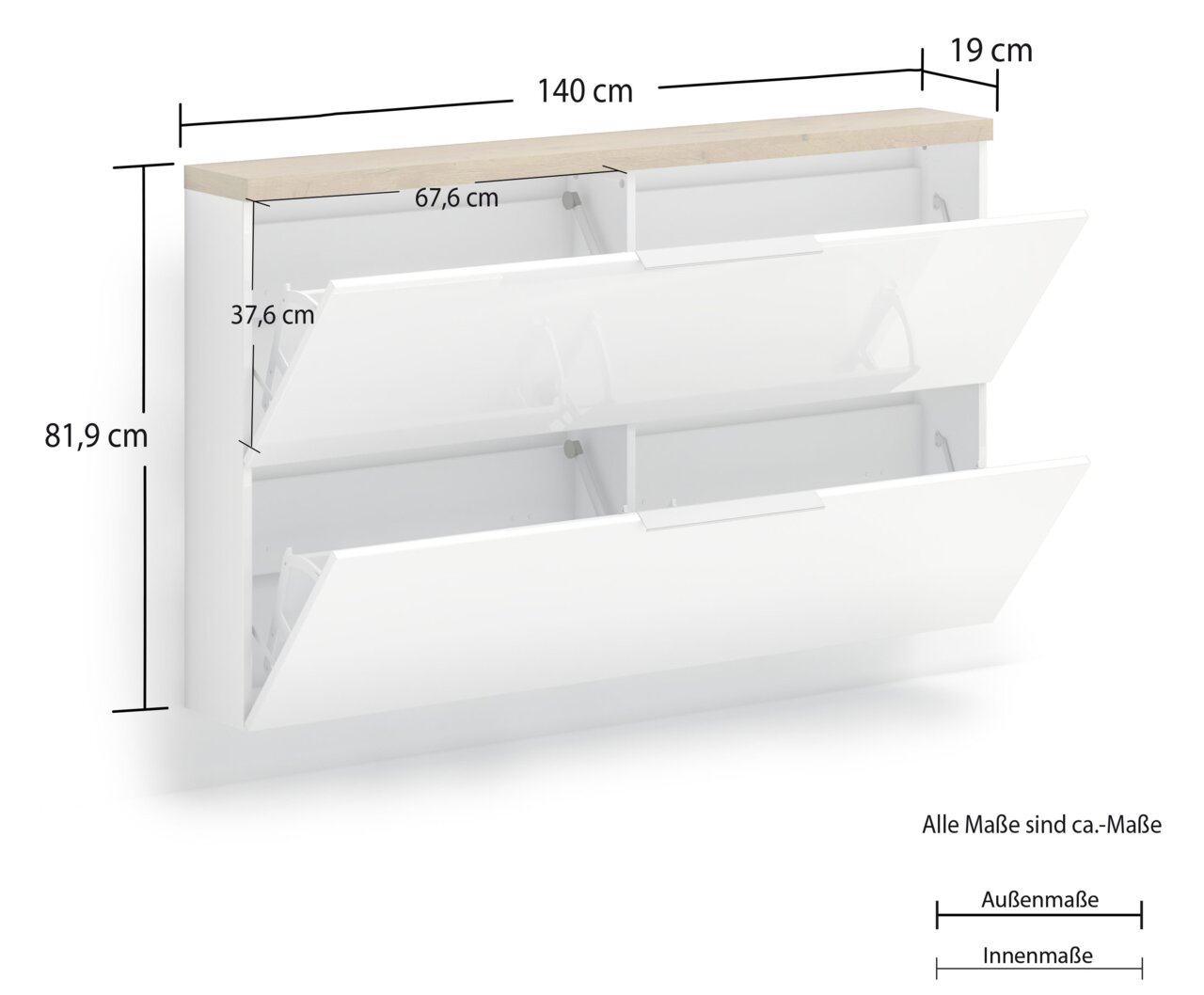 Hängeschuhschrank in Weiß mit zwei aufklappbaren Fächern, Holzoberfläche, Maße: 140 cm Breite, 81,9 cm Höhe, 19 cm Tiefe, seitliche Perspektive