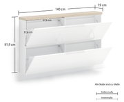 Witte hangende schoenenkast met twee opklapbare vakken, houten afwerking, afmetingen: 140 cm breed, 81,9 cm hoog, 19 cm diep, zijaanzicht