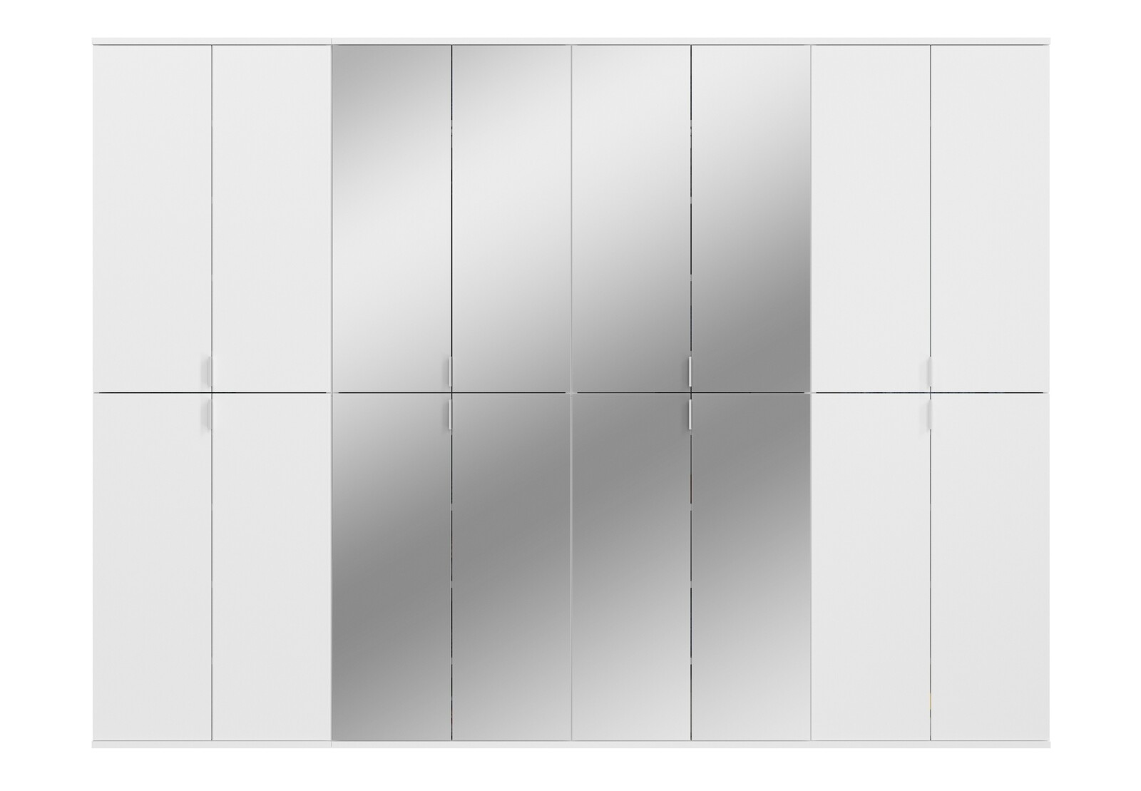 Frontale Ansicht einer großen Garderobenkombination mit weißen Türen und integrierten Spiegeln.