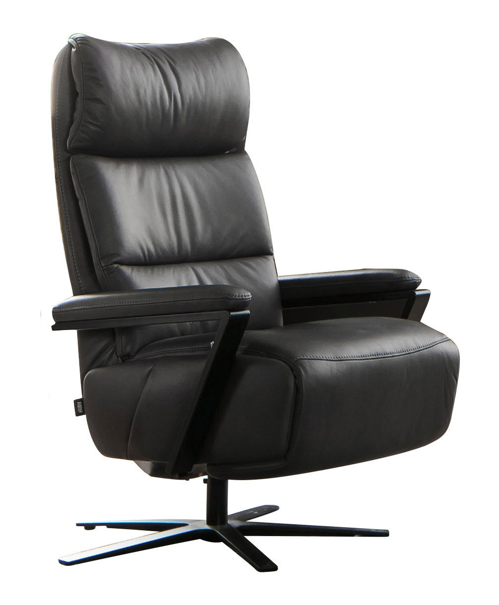 Schwarzer, drehbarer Relaxsessel aus Leder, seitliche Perspektive