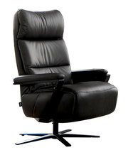 Schwarzer, drehbarer Relaxsessel aus Leder, seitliche Perspektive