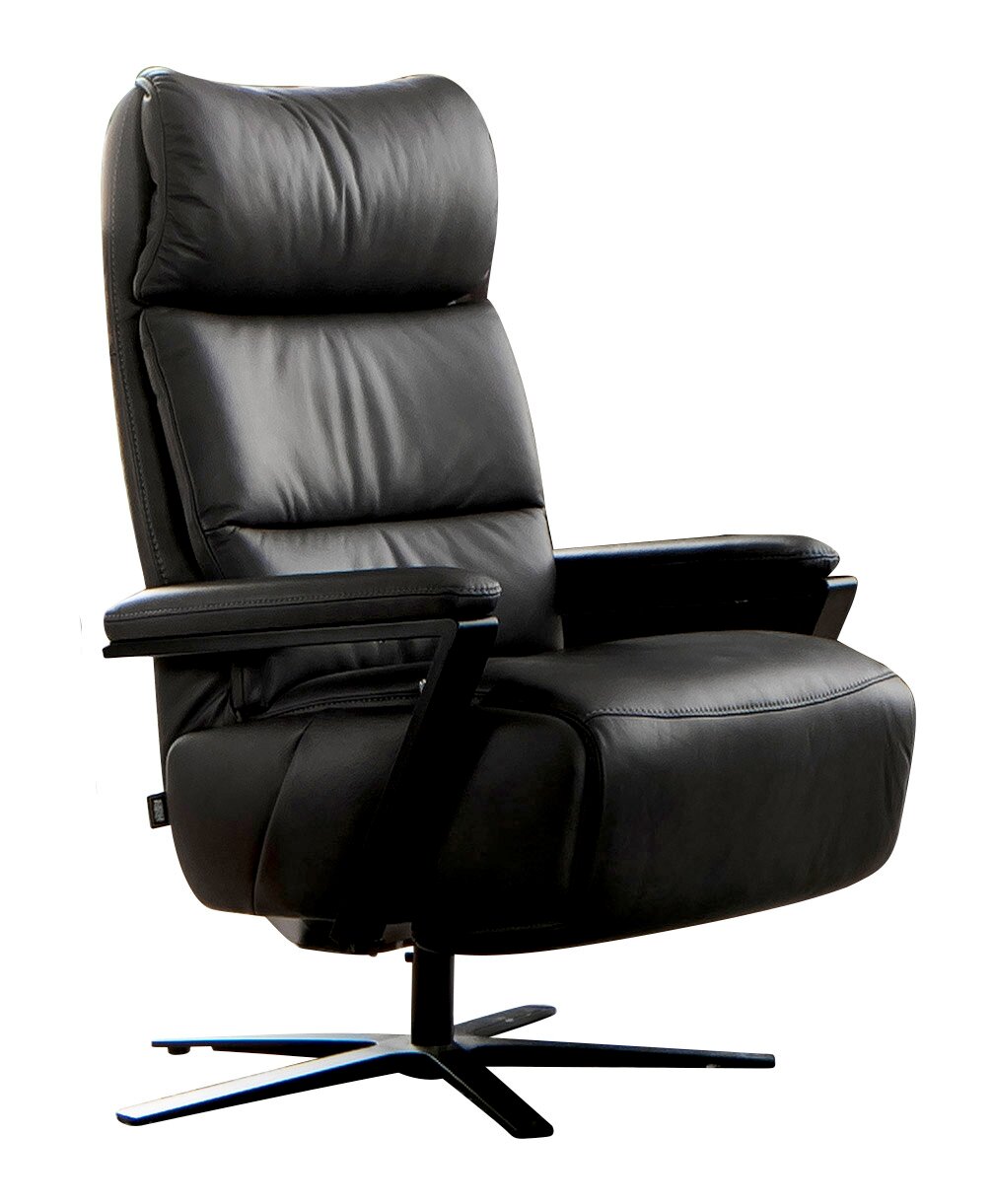 Schwarzer, drehbarer Relaxsessel aus Leder, seitliche Perspektive