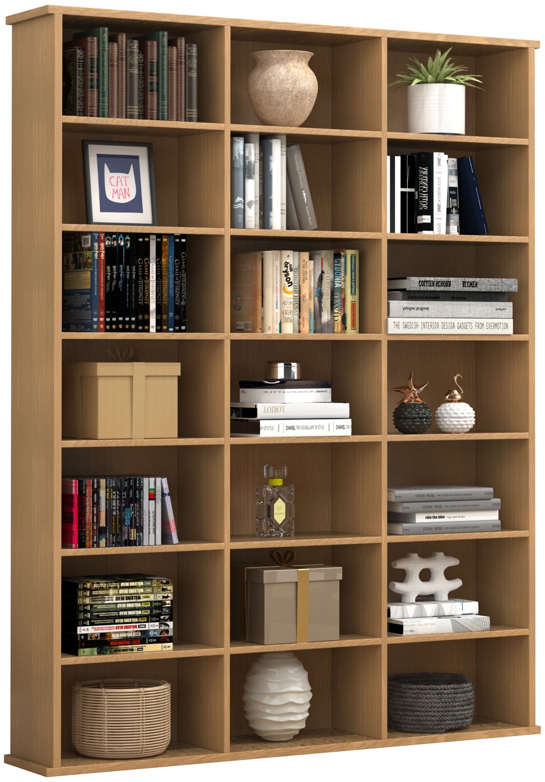 Großes, offenes Bücherregal aus hellem Holz mit vielen quadratischen Fächern, bestückt mit Büchern und Deko (Vase, Pflanze, Boxen) – frontale Ansicht mit leichter Perspektive von links.
