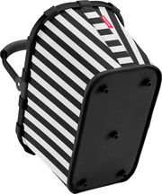 Schwarz-weiß gestreifte Reisenthel-Tasche mit stabilem Rahmen und schwarzer Bodenplatte, schräg von unten/seitlich fotografiert.