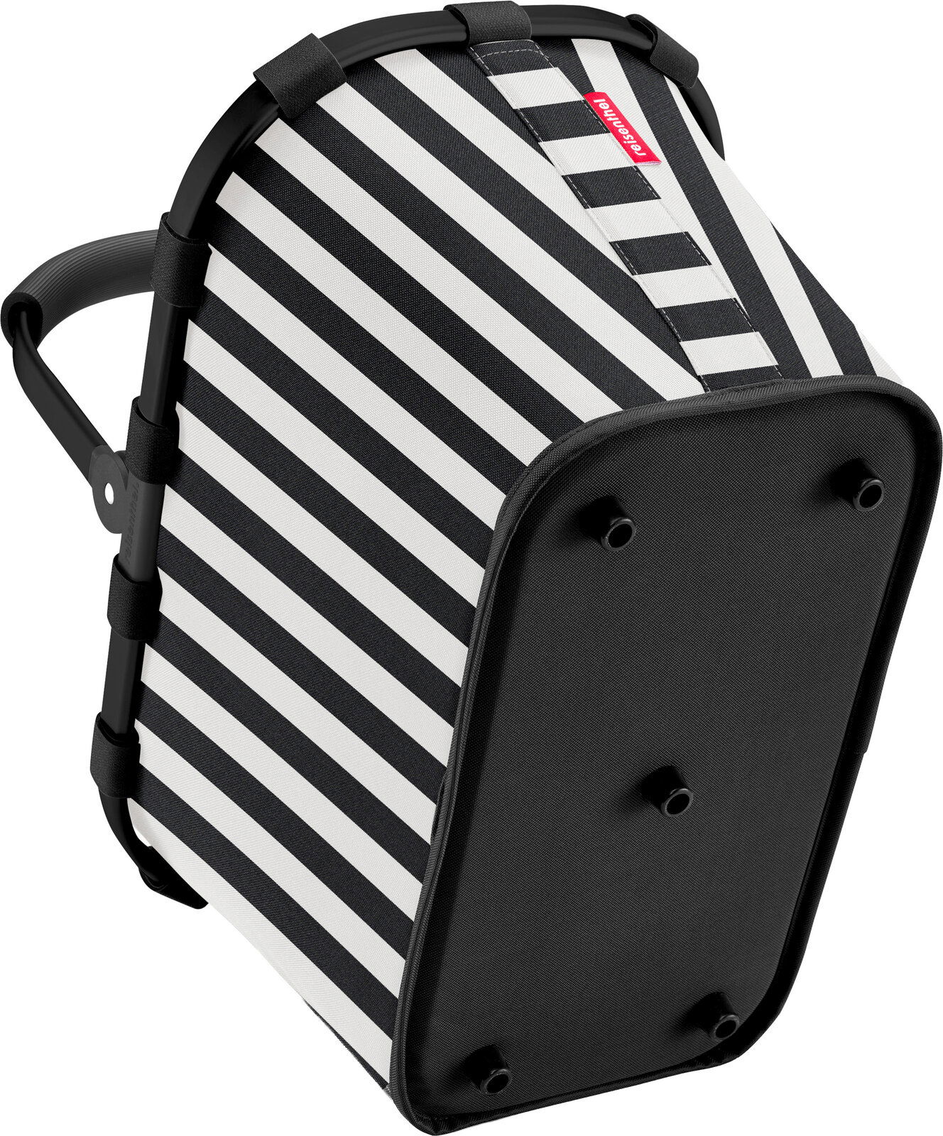 Schwarz-weiß gestreifte Reisenthel-Tasche mit stabilem Rahmen und schwarzer Bodenplatte, schräg von unten/seitlich fotografiert.