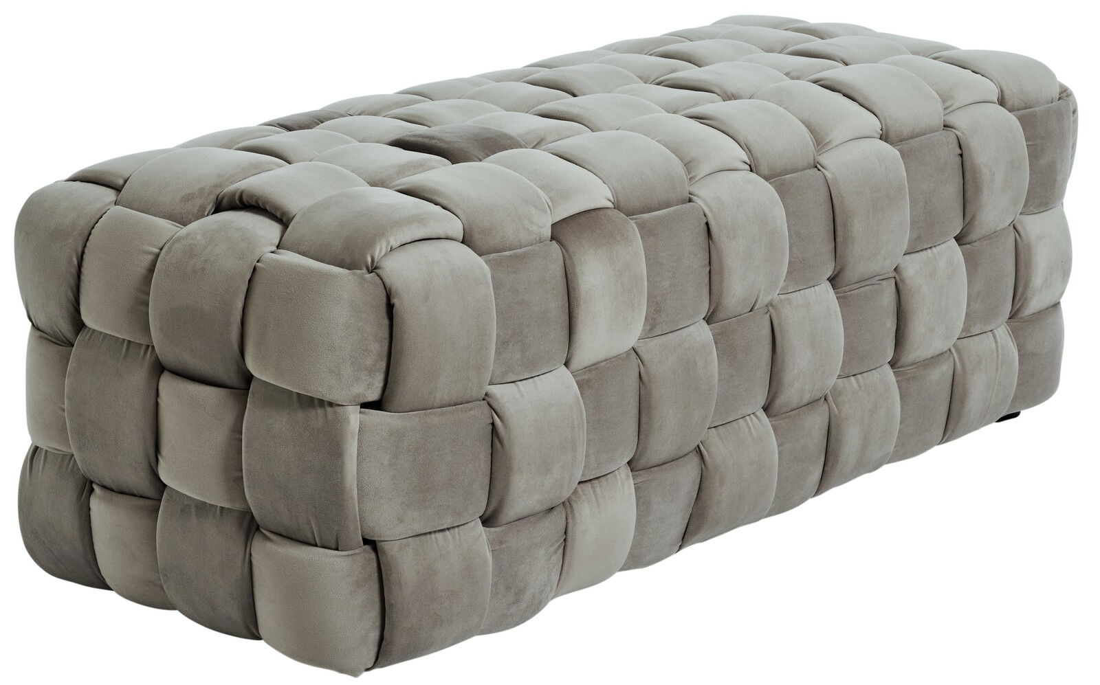 Rechteckiger, gepolsterter Hocker in geflochtener Optik, seitliche Perspektive