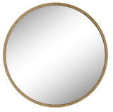 Runder Spiegel mit Holzrahmen, aus der Perspektive leicht von oben betrachtet.