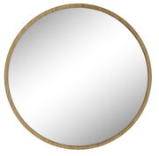 Runder Spiegel mit Holzrahmen, aus der Perspektive leicht von oben betrachtet.