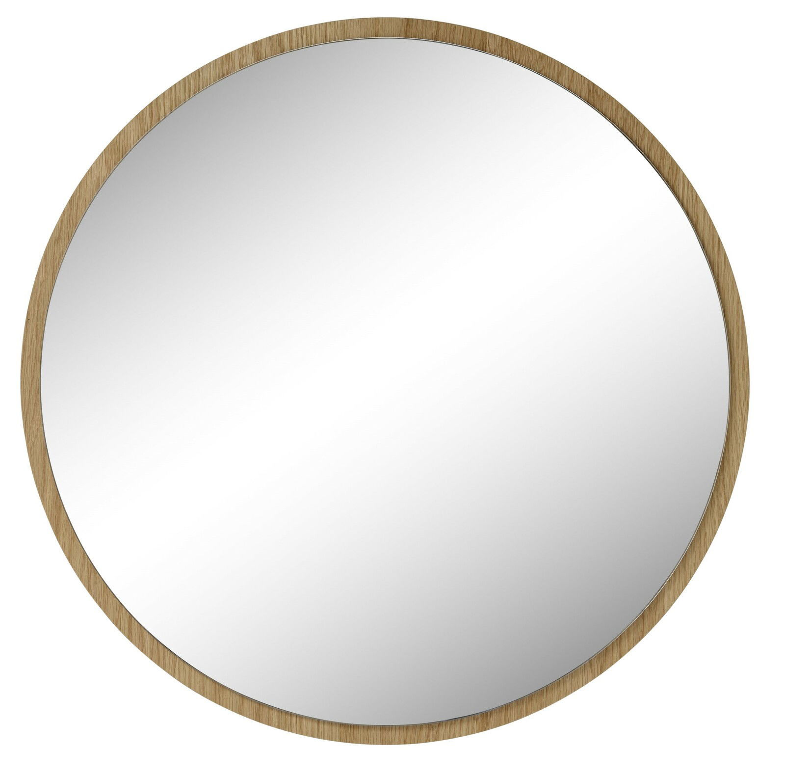 Runder Spiegel mit Holzrahmen, aus der Perspektive leicht von oben betrachtet.