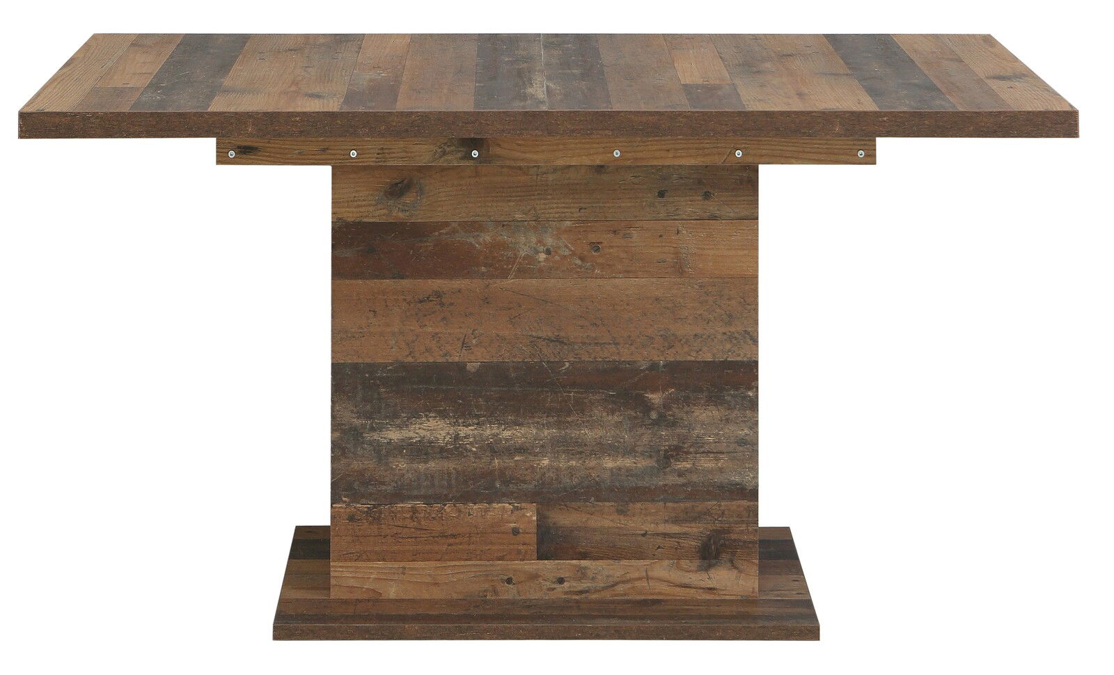 Rustikaler Esstisch aus Holz in Frontansicht mit massiver Tischplatte und stabiler Mittelsäule.