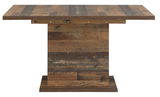 Rustikaler Esstisch aus Holz in Frontansicht mit massiver Tischplatte und stabiler Mittelsäule.