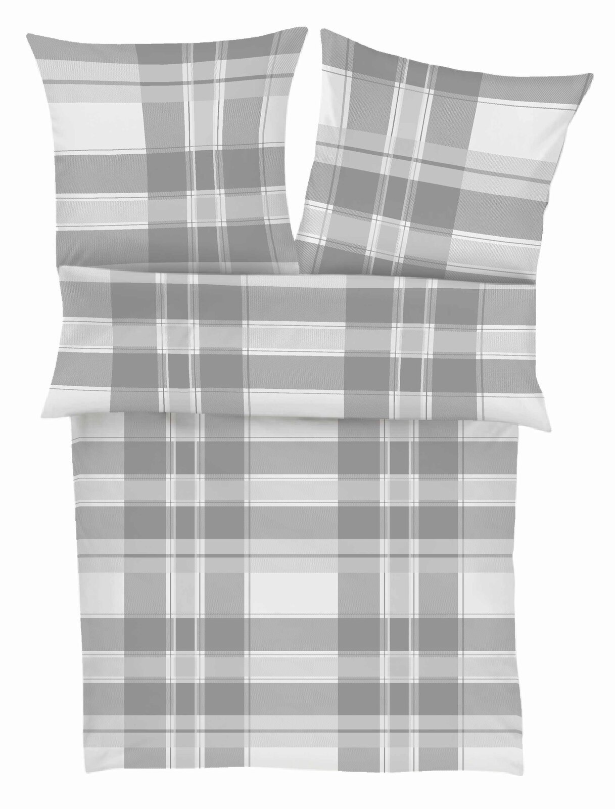 Bettwäsche-Set mit grauem Karomuster, bestehend aus einem Bettbezug und zwei Kissenbezügen, aus der Vogelperspektive.