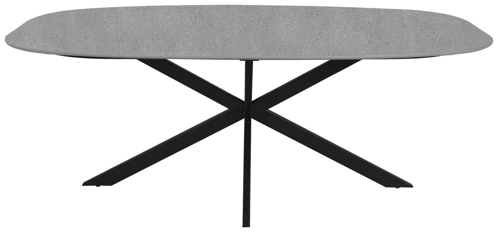 Moderner Esstisch mit grauer Tischplatte und schwarzem Kreuzfußgestell, Frontalansicht