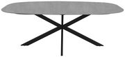 Moderner Esstisch mit grauer Tischplatte und schwarzem Kreuzfußgestell, Frontalansicht