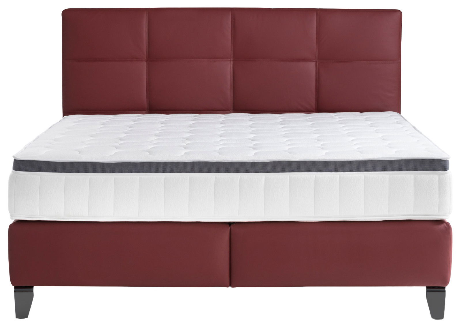 Boxspringbett mit rotem Kopfteil und weißer Matratze, Frontalansicht
