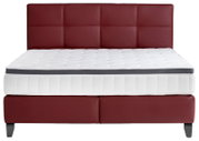 Boxspringbett mit rotem Kopfteil und weißer Matratze, Frontalansicht