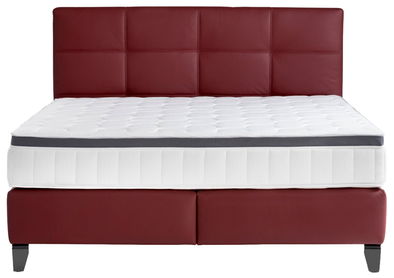 Boxspringbett mit rotem Kopfteil und weißer Matratze, Frontalansicht