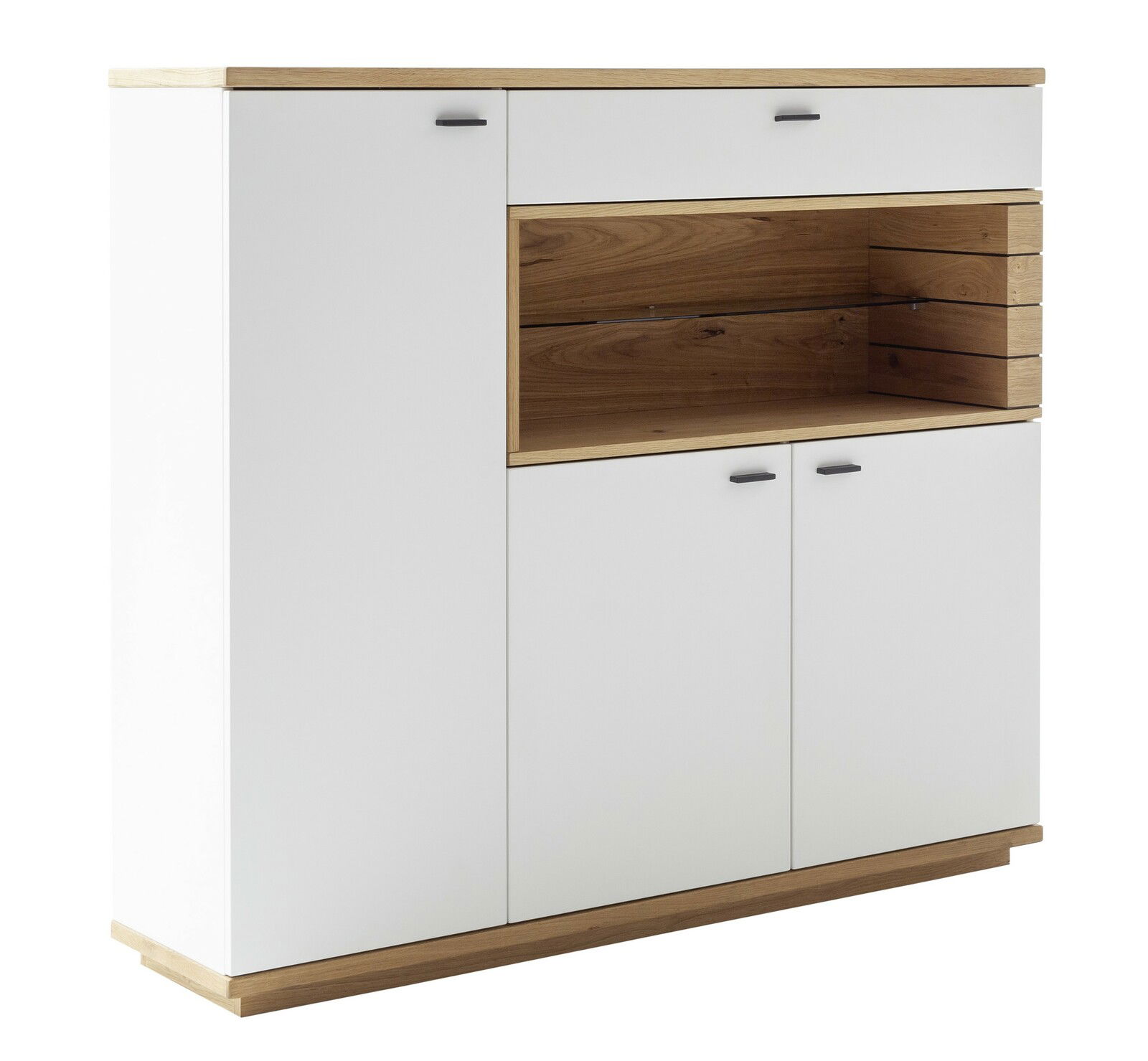 Weißes Highboard mit Holzdetails, zwei Türen und einem offenen Fach, seitliche Perspektive