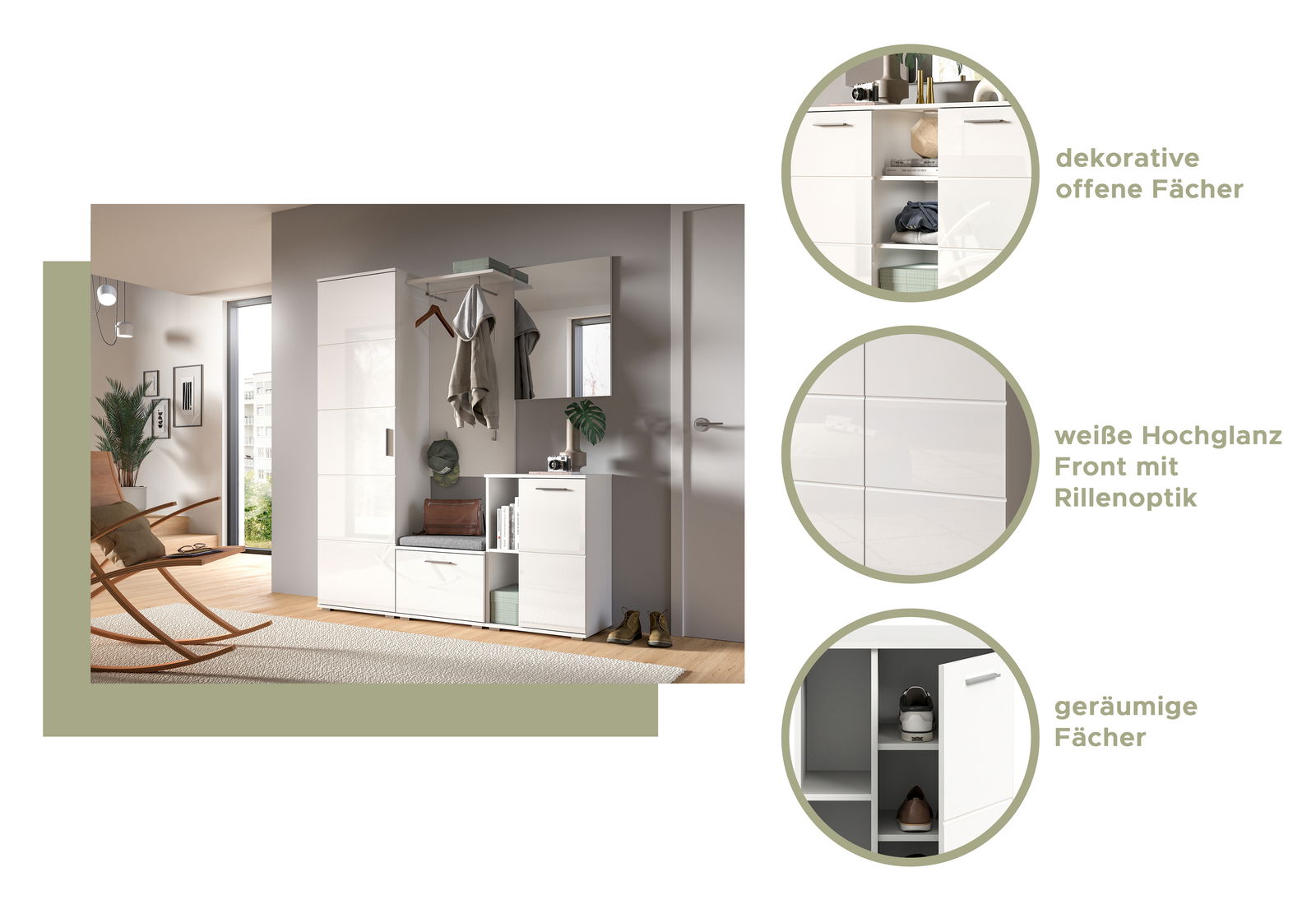 Garderobenkombination in einem modernen Raum mit weißer Hochglanzfront und Rillenoptik, dekorativen offenen Fächern und geräumigen Stauraummöglichkeiten. Perspektive von vorne links.