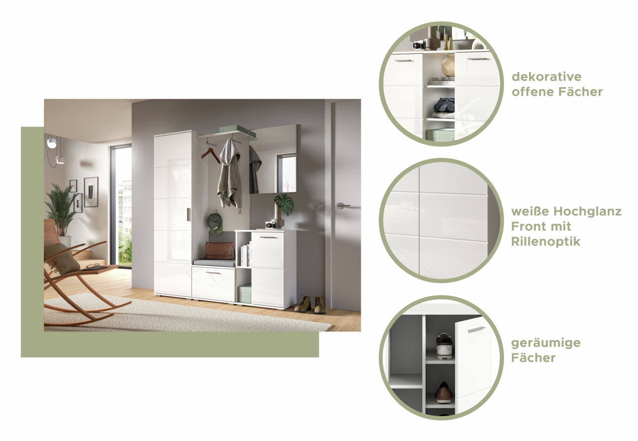 Garderobenkombination in einem modernen Raum mit weißer Hochglanzfront und Rillenoptik, dekorativen offenen Fächern und geräumigen Stauraummöglichkeiten. Perspektive von vorne links.