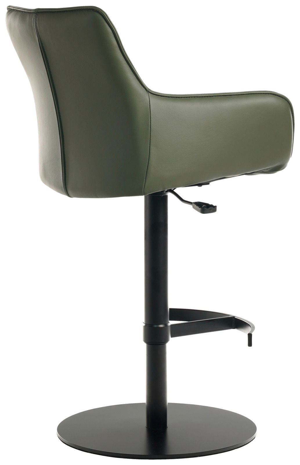 Grüner Barhocker aus Leder mit schwarzem Metallfuß, seitliche Perspektive