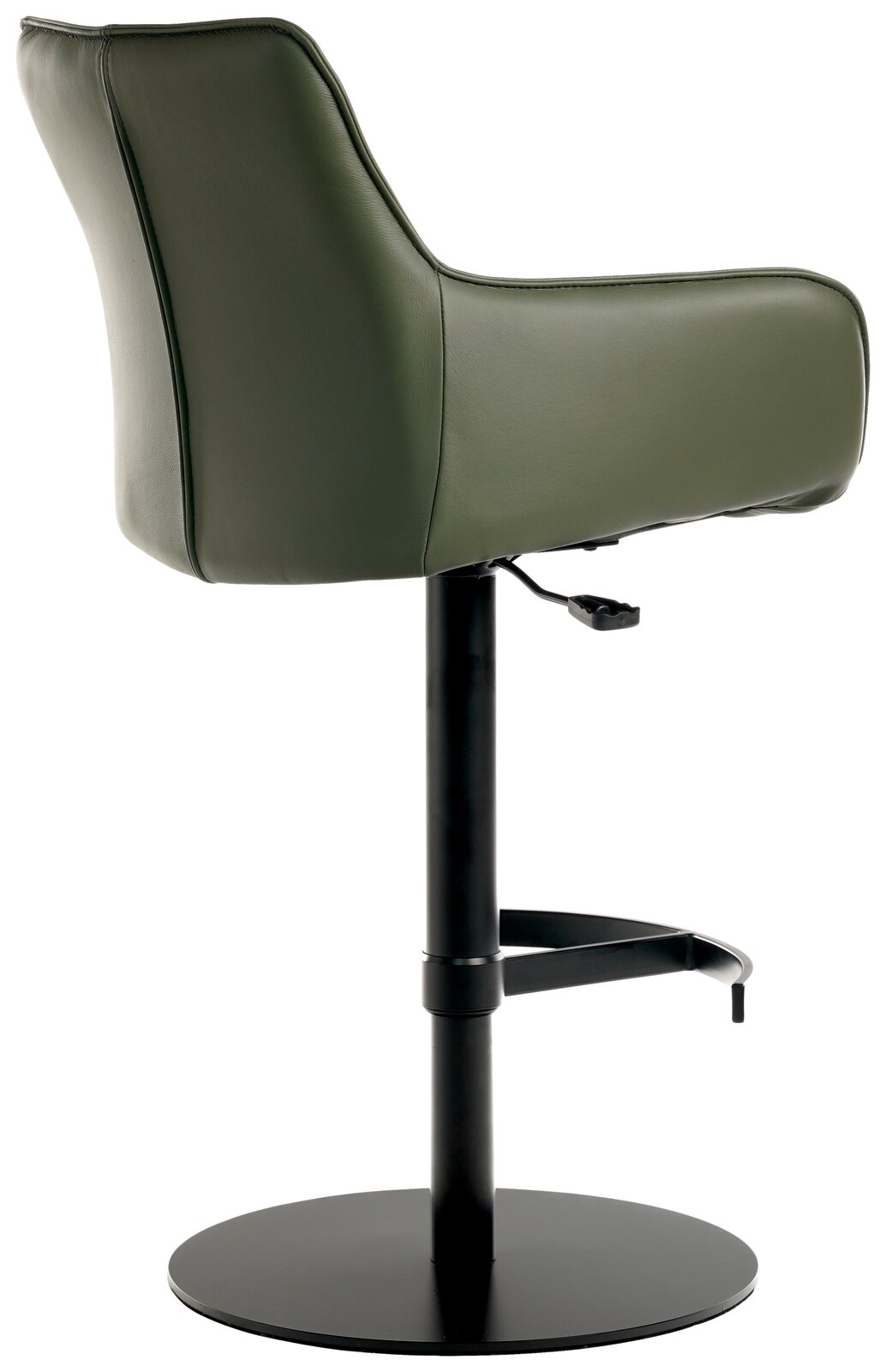 Grüner Barhocker aus Leder mit schwarzem Metallfuß, seitliche Perspektive