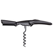 Schwarzes Kellnermesser mit ausgeklapptem Korkenzieher, Flaschenöffner und ergonomischem Griff in seitlicher Perspektive vor weißem Hintergrund