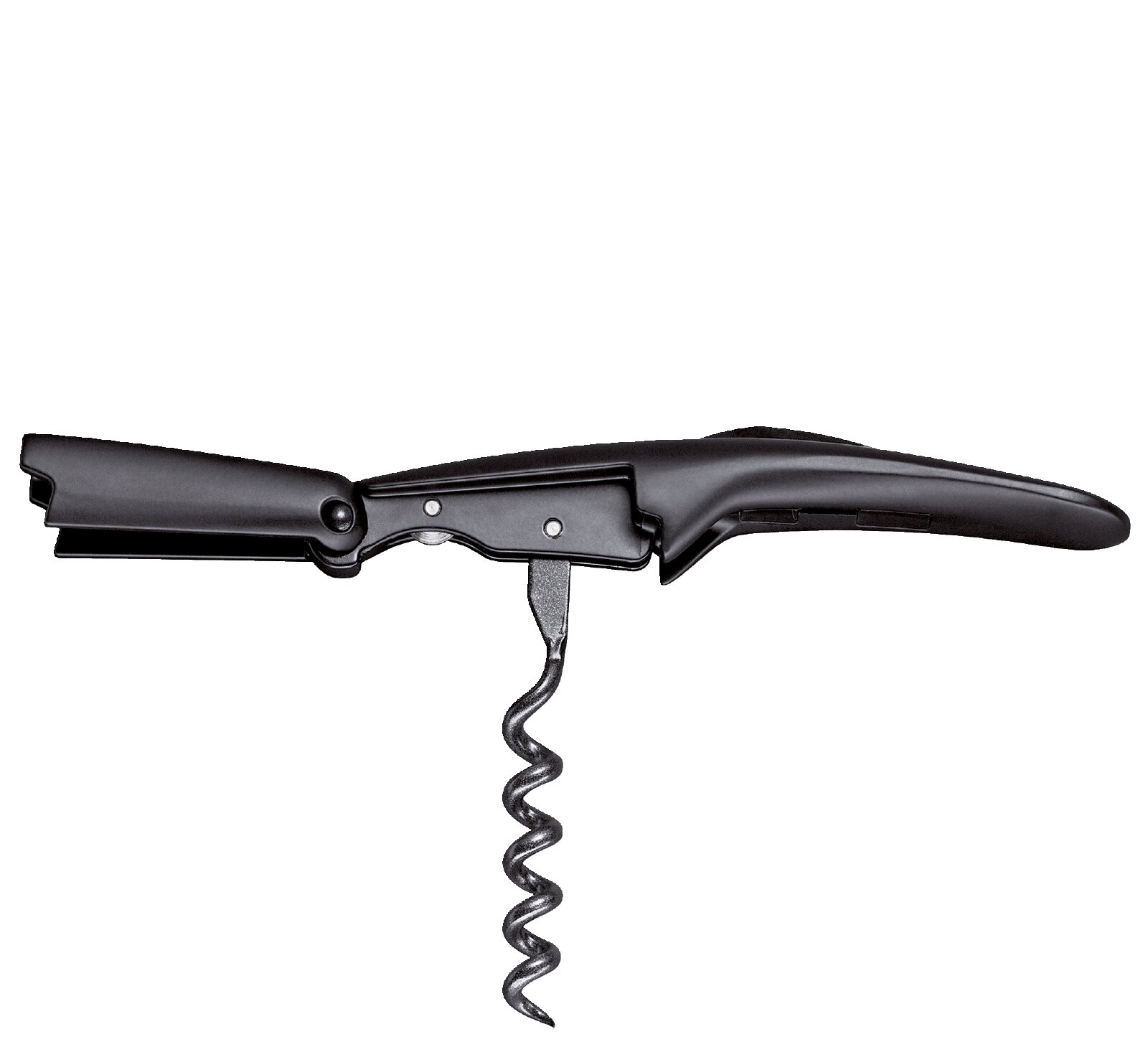 Schwarzes Kellnermesser mit ausgeklapptem Korkenzieher, Flaschenöffner und ergonomischem Griff in seitlicher Perspektive vor weißem Hintergrund