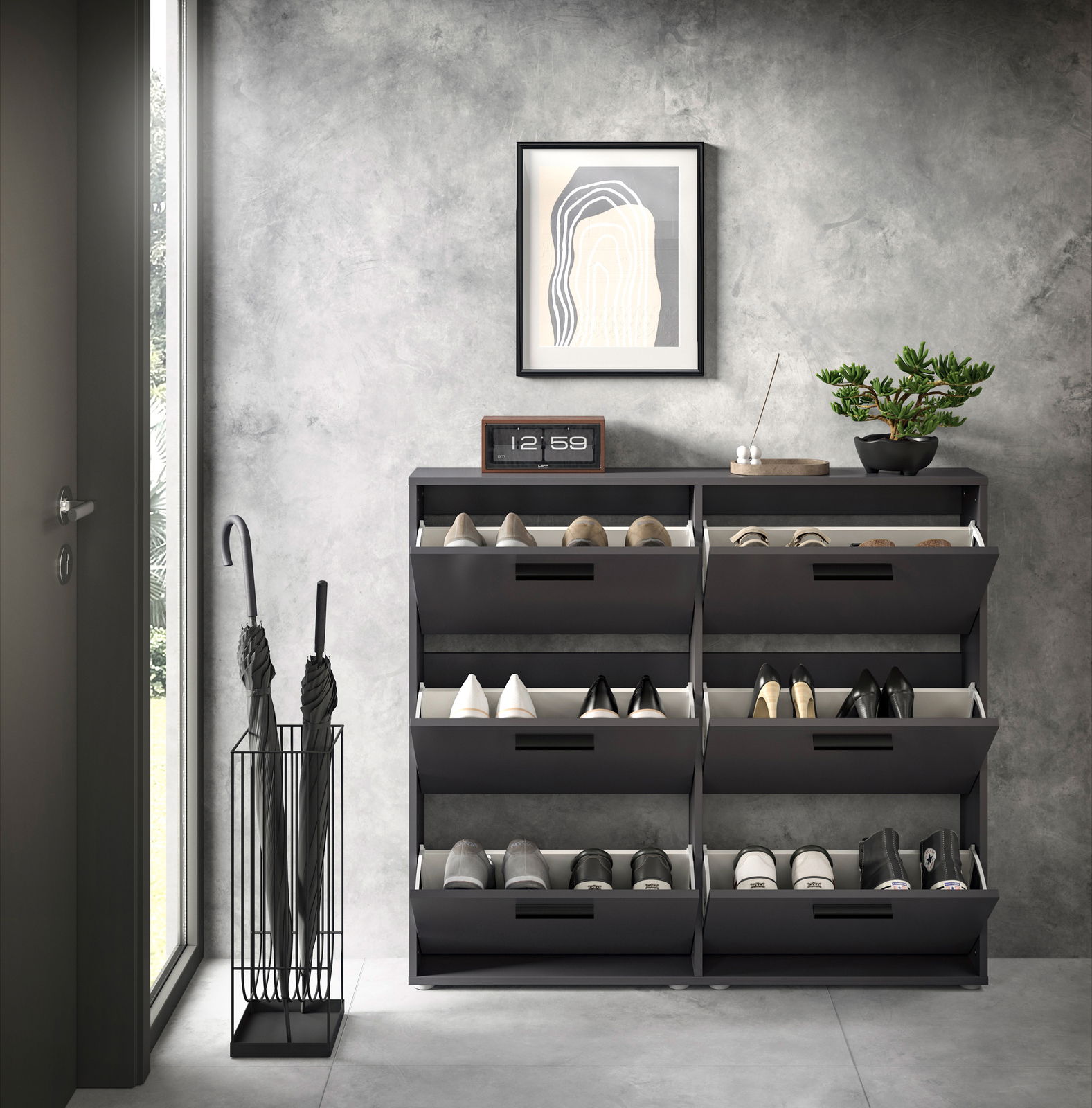 Schuhkipper mit sechs Fächern in modernem Design, frontal fotografiert, mit Schuhen und Dekorationen darauf.
