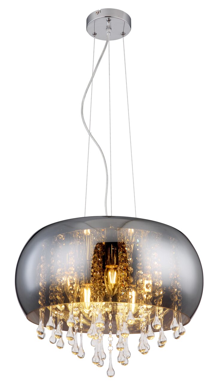 Globo Lighting Hängeleuchte KALLA Moderne Hängeleuchte mit glänzendem Chromschirm und funkelnden Kristallanhängern, seitliche Perspektive