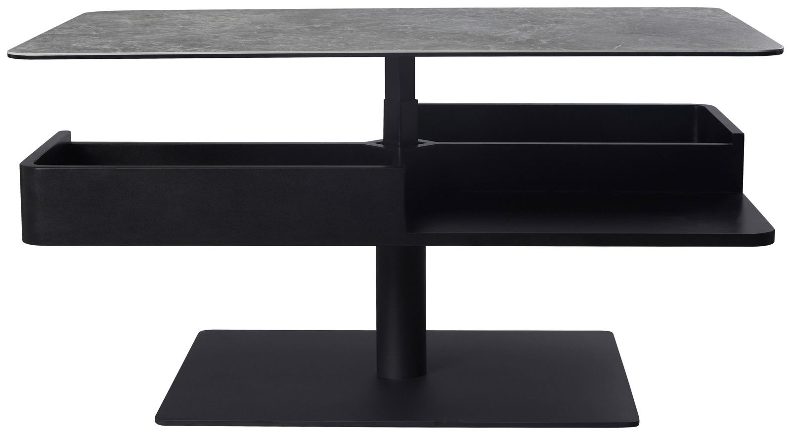 Moderner Couchtisch mit zwei Ebenen und Stauraum, seitliche Perspektive