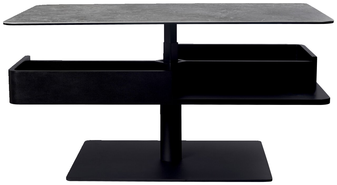 Moderner Couchtisch mit zwei Ebenen und Stauraum, seitliche Perspektive