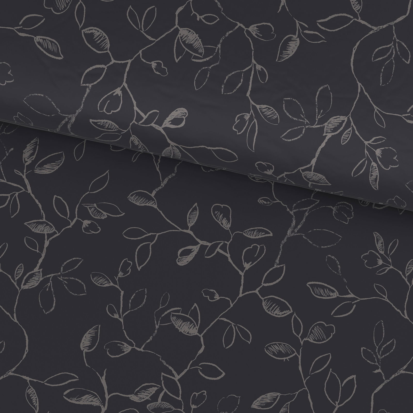 Dunkelblaue Bettwäsche mit floralem Muster aus weißen Zweigen und Blättern, Draufsicht