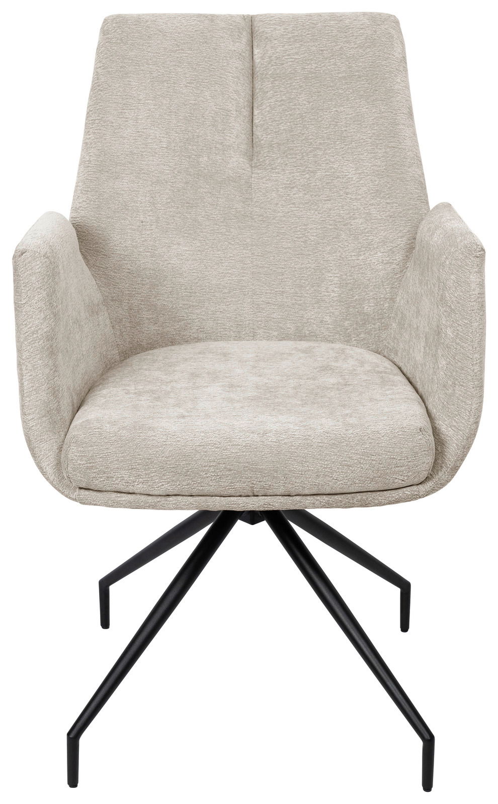 Frontansicht eines modernen Armlehnstuhls mit beigem Stoffbezug und schwarzen Metallbeinen.