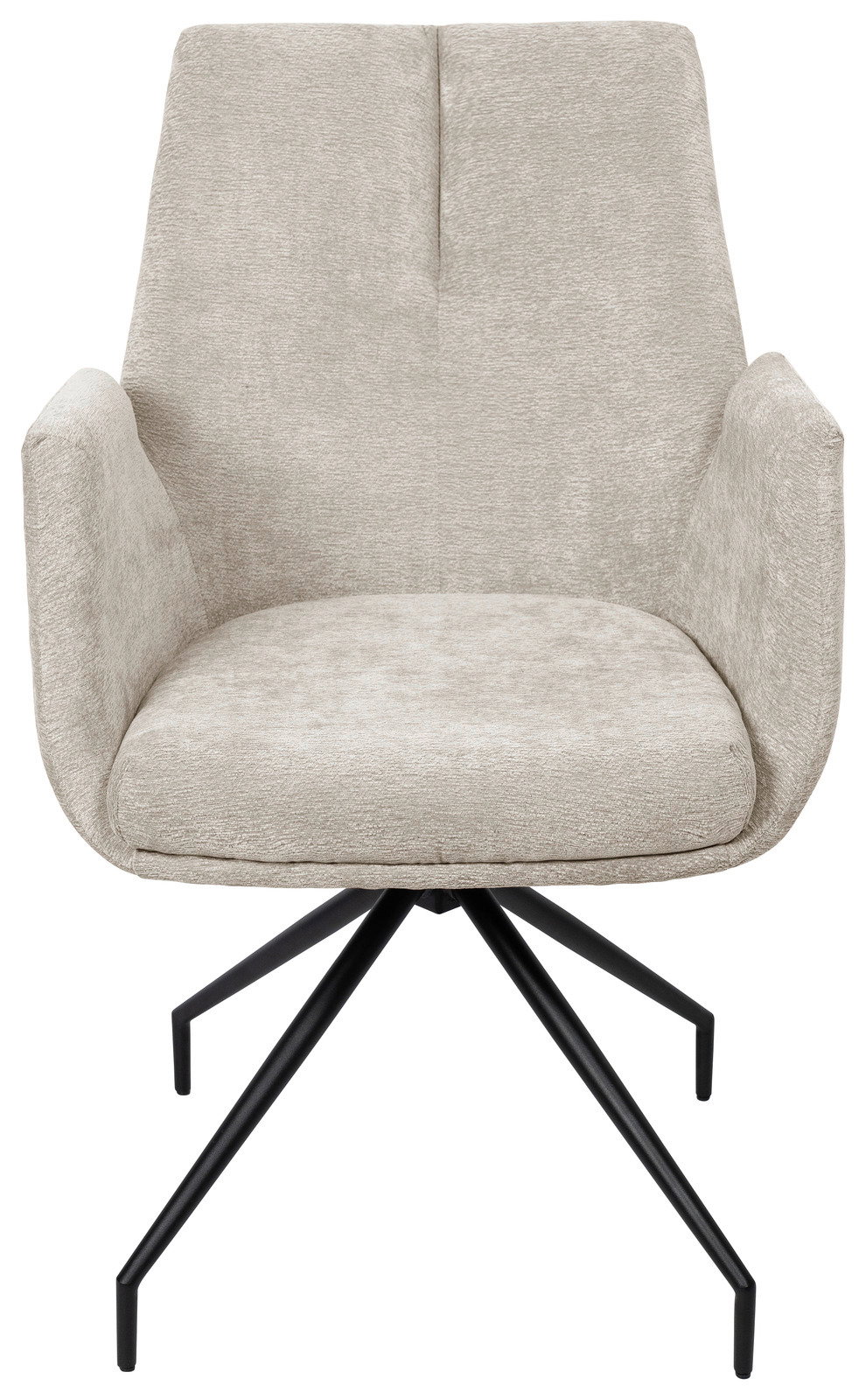 Frontansicht eines modernen Armlehnstuhls mit beigem Stoffbezug und schwarzen Metallbeinen.