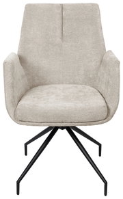 Frontansicht eines modernen Armlehnstuhls mit beigem Stoffbezug und schwarzen Metallbeinen.