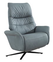 Moderner grauer Fernsehsessel mit hoher Rückenlehne und drehbarem Fuß, seitliche Perspektive