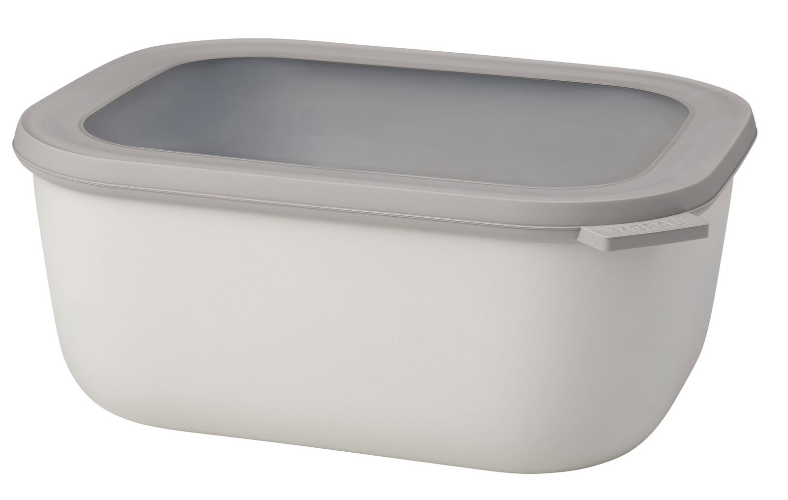 Rechteckige Multischüssel Cirqula mit grauem Deckel, seitliche Perspektive
