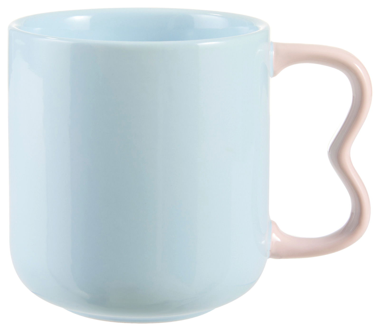Hellblauer Kaffeebecher mit geschwungenem Henkel, seitliche Perspektive