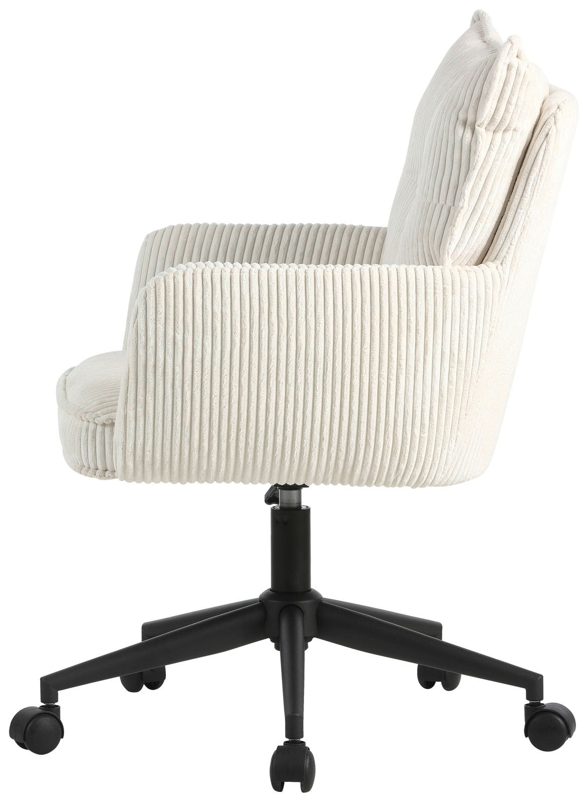 Seitenansicht eines weißen Drehstuhls mit geripptem Stoffbezug und schwarzem Fußgestell auf Rollen.