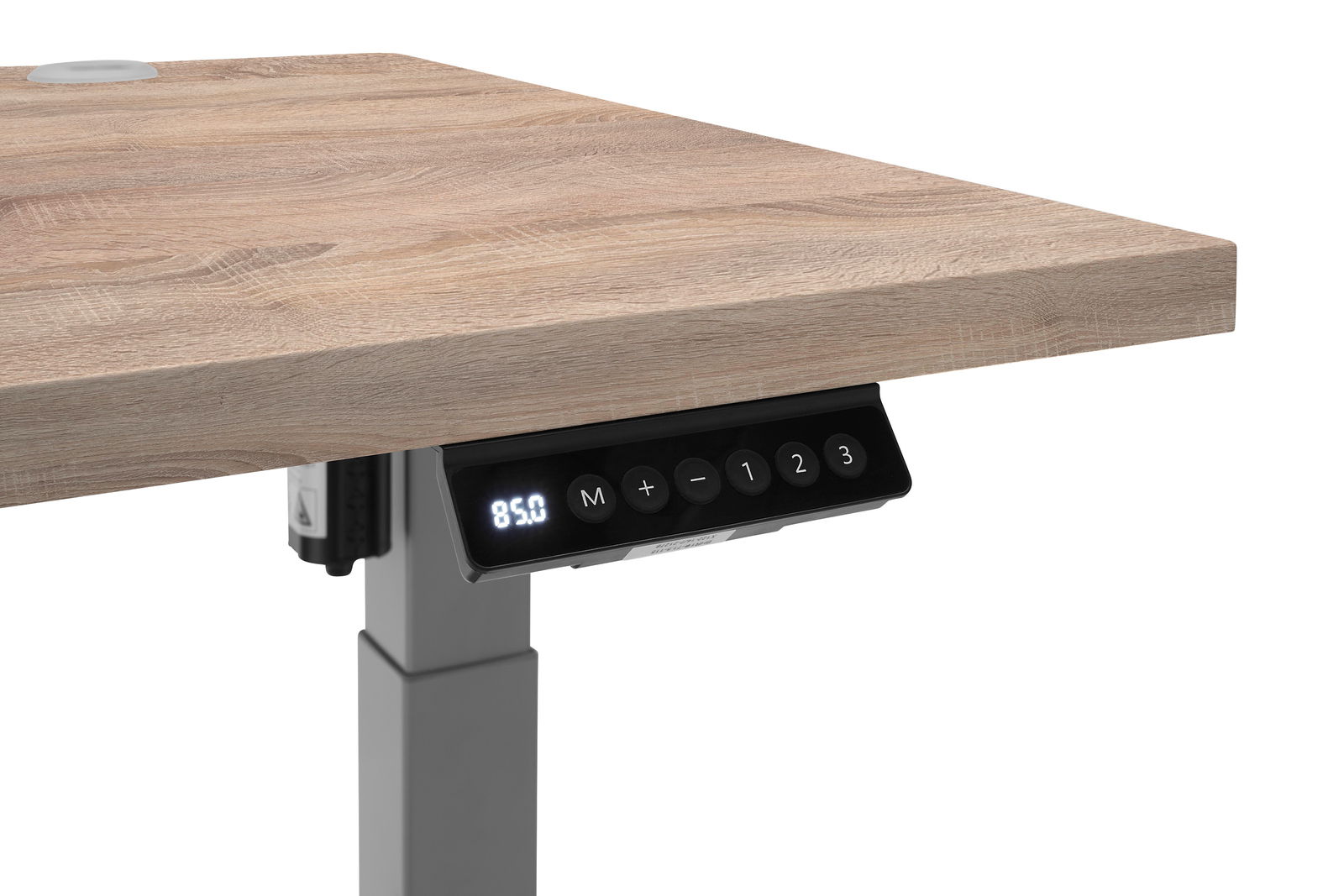 Nahaufnahme eines E-Schreibtischs mit Holzoberfläche und digitalem Bedienfeld an der Vorderseite.