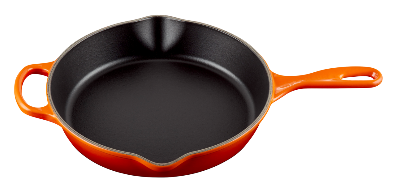 Orange Brat- und Servierpfanne aus Gusseisen, 26 cm Durchmesser, seitliche Perspektive