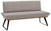 Graue Bank mit Stoffbezug und schwarzem Metallgestell, seitliche Perspektive