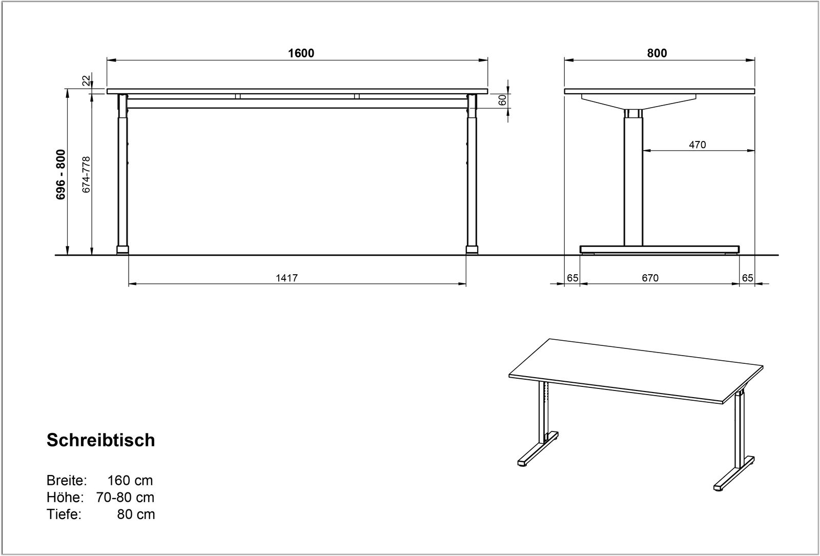 Technische Zeichnung eines Schreibtisches mit den Maßen: Breite 160 cm, Höhe 70-80 cm, Tiefe 80 cm. Die Zeichnung zeigt den Tisch aus der Seiten- und Vorderansicht.