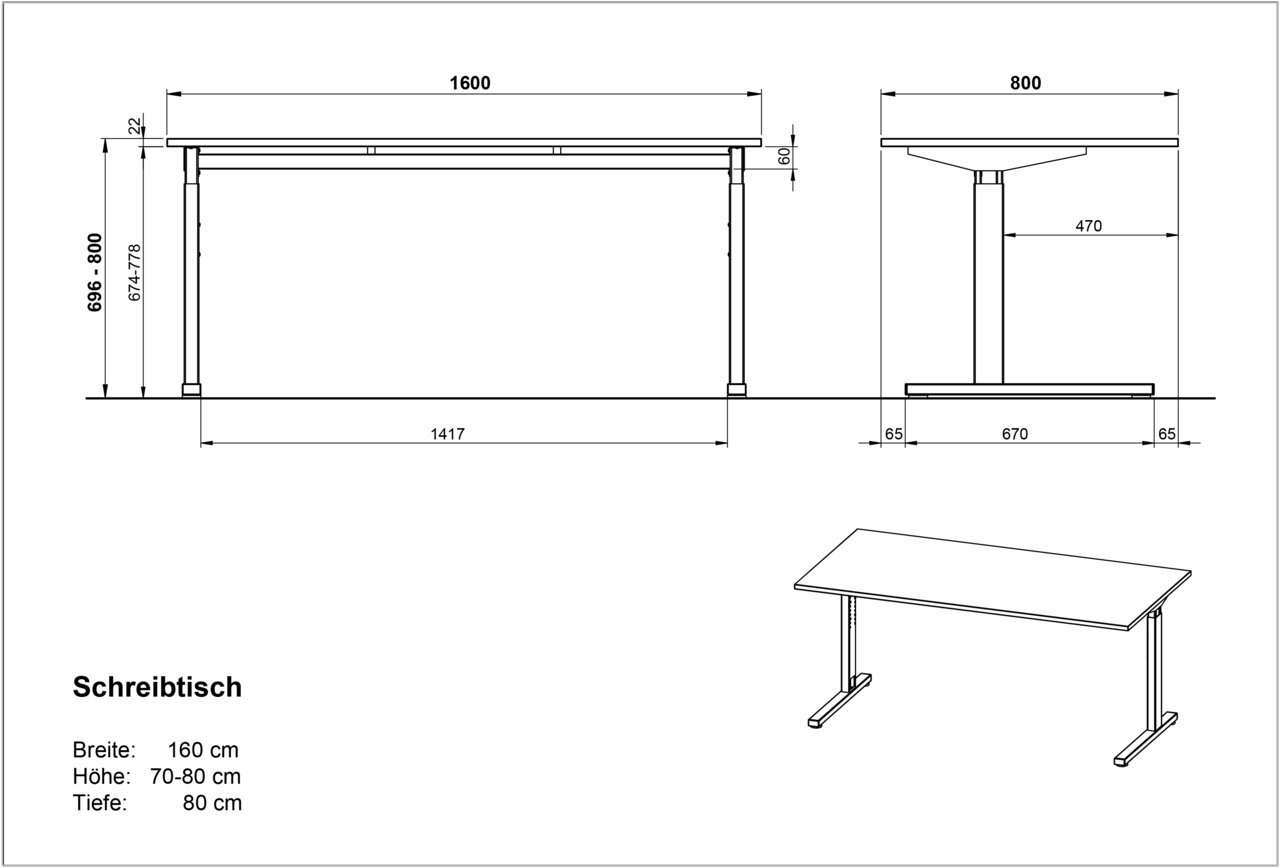 Technische Zeichnung eines Schreibtisches mit den Maßen: Breite 160 cm, Höhe 70-80 cm, Tiefe 80 cm. Die Zeichnung zeigt den Tisch aus der Seiten- und Vorderansicht.