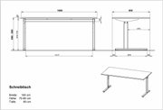 Technische Zeichnung eines Schreibtisches mit den Maßen: Breite 160 cm, Höhe 70-80 cm, Tiefe 80 cm. Die Zeichnung zeigt den Tisch aus der Seiten- und Vorderansicht.