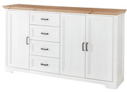 Weißes XL-Sideboard der Serie JUDITH mit vier Schubladen und zwei Türen, Holzoberfläche, Frontalansicht