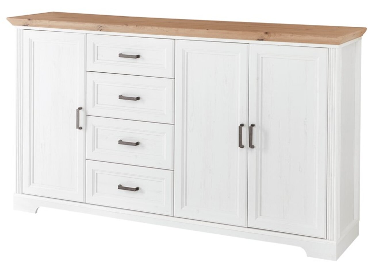 Weißes XL-Sideboard der Serie JUDITH mit vier Schubladen und zwei Türen, Holzoberfläche, Frontalansicht