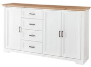 Weißes XL-Sideboard der Serie JUDITH mit vier Schubladen und zwei Türen, Holzoberfläche, Frontalansicht